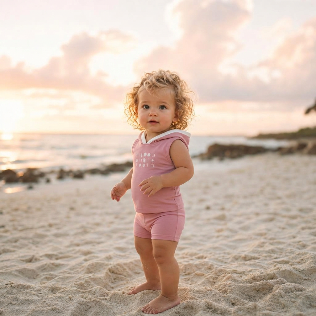 A toddler with curly blonde hair standing on soft sand in a pink hooded top and shorts set at sunset