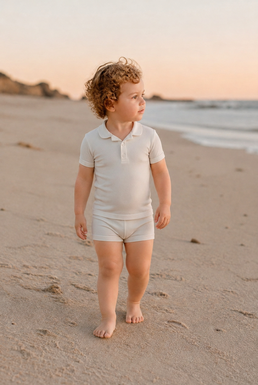 A young child walking barefoot on a quiet shoreline at golden hour